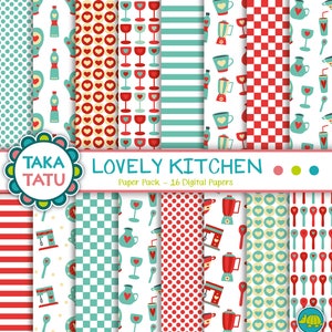Lovely Kitchen Digital Paper Pack - Patrones de cocina / Electrodomésticos de cocina / Decoración de cocina / Fondo de cocina / Fondo imprimible