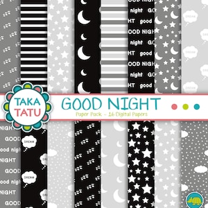 Good Night Digital Paper - Black White and Grey / Scrapbook Paper / Printable / Patterned Background / Moon and Stars - Instant Download