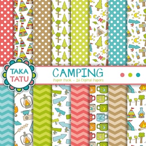 Confezione di carta da viaggio in campeggio - Carta fantasia / Tema campeggio / Immagini digitali / Estate / Pagine colorate / Chevron a pois / Campo colorato