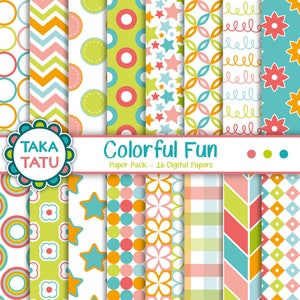 Kleurrijk Fun Digital Paper Pack - Kleurrijke achtergrond / Afdrukbare achtergrond / Kleurrijke patronen / Geometrische patronen - Direct downloaden