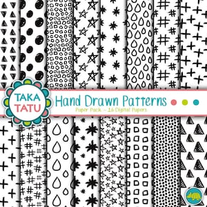 Papier numérique dessiné à la main géométrique - Papier noir et blanc / Motifs dessinés à la main / Effet pinceau / Doodles / Fond à motifs / Imprimable