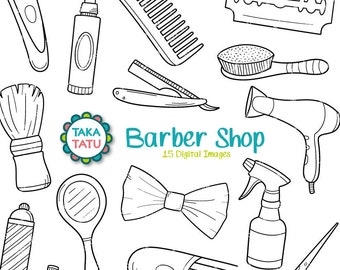 Barber Shop Digital Stamp - Barber Shop Clipart / Salon Clipart / Hairstylist Clipart / Haircut / Scissors / Beard / Barber Shop Doodles