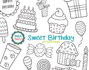 Sweet Birthday Digital Stamp Pack Black and White Clipart / - Etsy