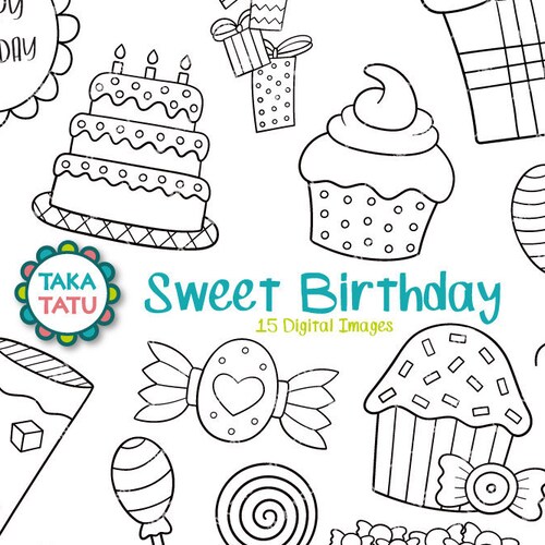 Sweet Birthday Digital Stamp Pack Black and White Clipart / - Etsy