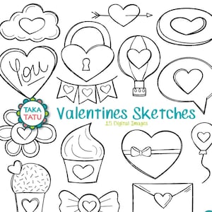 Valentines Sketches Digital Stamp - Valentines Clipart / Sketches
