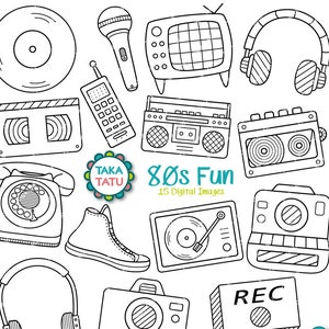 Timbre numérique amusant des années 80 - Clipart de fête des années 80 / Fête des années 80 / Scrapbook des années 80 / Radio / Appareil photo / TV / Casque / Clipart rétro / Doodles des années 80