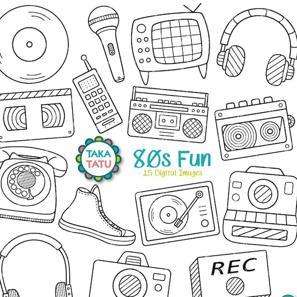 80s Fun Digital Stamp - 80s Party Clipart / Eighties Party / 80s Scrapbook / Radio / Camera / TV / Headphones / Retro Clipart / 80s Doodles