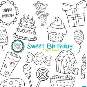 Süßer Geburtstag Digital Stempel Pack - schwarz weiß Clipart / Geburtstag Clipart / handgezeichnete Clipart / Geburtstag Doodles / Geburtstagsparty