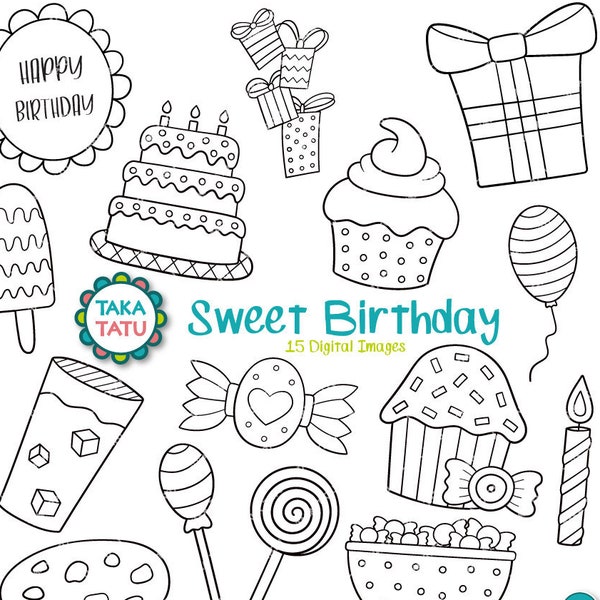 Sweet Birthday Digital Stamp Pack - Black and White Clipart / Birthday Clipart / Hand Drawn Clipart / Birthday Doodles / Birthday Party