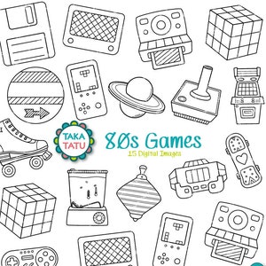 80s Games Digital Stamp / 80s Digital Stamp / 80s Clipart / 80s Games Clipart / 80s Toys Clipart / Retro Clipart / 80s Line Art / 80s Toys