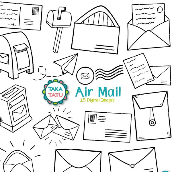 Air Mail Digital Stamp - Air Mail Clipart / Mail Doodles Clipart / Hand drawn Mail / Envelope Clipart / Mailbox Doodles / Postcard / Stamp