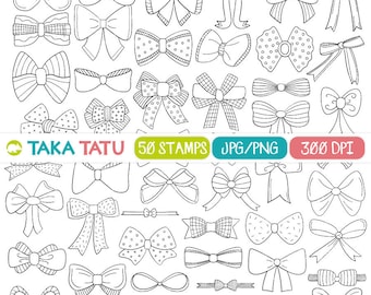 Könnte beinhalten: Eine Sammlung von 50 handgezeichneten Schleifenstempeln in verschiedenen Stilen, darunter Punkte, Streifen und unifarbene Designs. Das Bild enthält den Text "TAKA TATU 50 STAMPS JPG/PNG 300 DPI". Diese Schwarz-Weiß-Illustrationen eignen sich für Bastel- und Designprojekte.