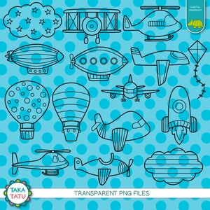 Op de afbeelding: Een set van 12 zwart-wit illustraties van verschillende vervoersmiddelen op een blauwe achtergrond met witte stippen. De illustraties omvatten een luchtballon, een raket, een vliegtuig, een helikopter, een luchtschip en een wolk met sterren.