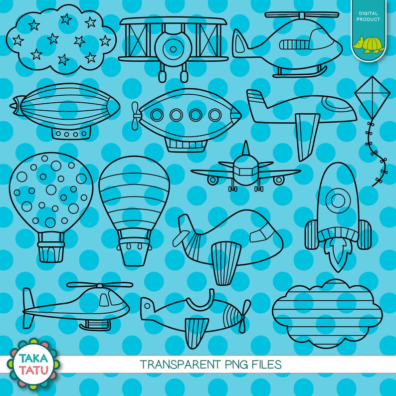 Op de afbeelding: Een set van 12 zwart-wit illustraties van verschillende vervoersmiddelen op een blauwe achtergrond met witte stippen. De illustraties omvatten een luchtballon, een raket, een vliegtuig, een helikopter, een luchtschip en een wolk met sterren.