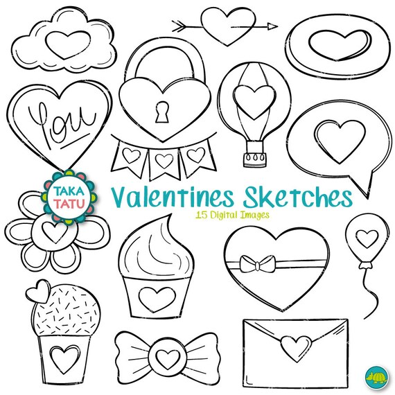 Valentines Sketches Digital Stamp Valentines Clipart Etsy
