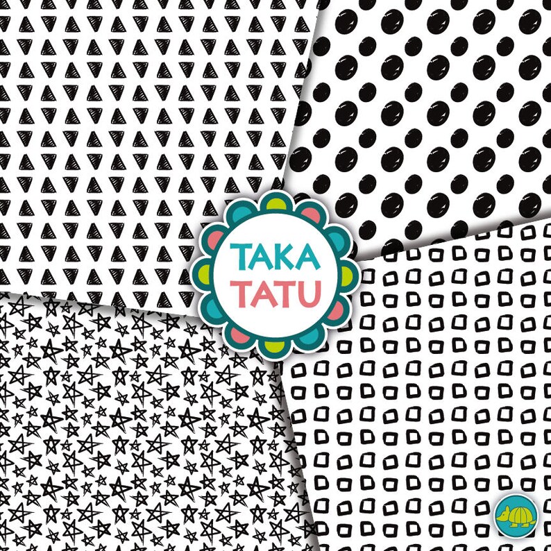 Geometric Hand Drawn Digital Paper Black and White Paper / | Etsy