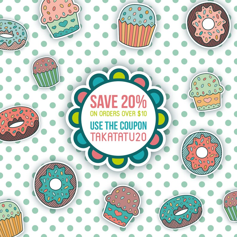 Op de afbeelding: Een kleurrijke illustratie van cupcakes en donuts met sprinkles op een witte achtergrond met groene stippen. De illustratie bevat een coupon voor 20% korting op bestellingen boven &euro; 10 met de code TAKATATU20.