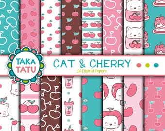 CAT AND CHERRY Digital Paper Pack - Colorful and Fun Digital Paper Set / Cute Cat Digital Paper / Pink and Blue Background Instant Download