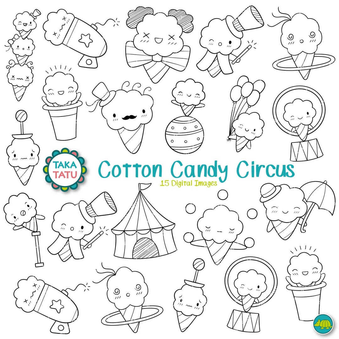 Cotton Candy Circus Clipart - Kawaii Carnival Doodles Clipart / Black ...