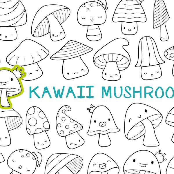 20 Kawaii Mushroom Digital Stamp - Black and White Clipart / Cute Hand Drawn Mushroom / Nature Theme Clipart / Instant Download