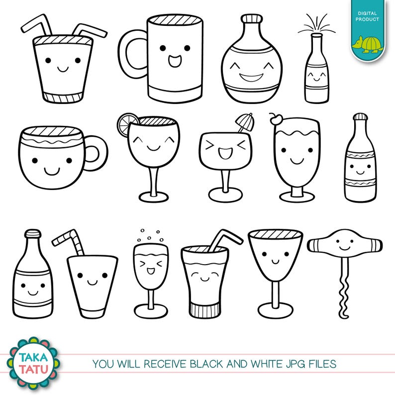 Kawaii Drinks Digital Stamp Pack - Black and White Clipart / Kawaii ...