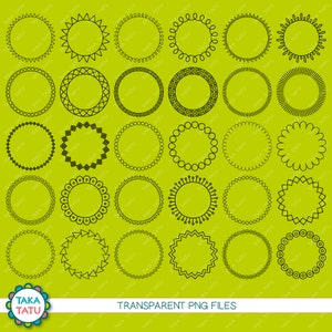 May include: A set of 20 black and white circular frames with different designs. The frames are on a green background.