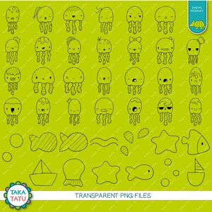 May include: A set of 30 black and white line art illustrations of jellyfish, fish, boats, stars, and waves. The illustrations are on a green background. The text "TAKA TATU" and "TRANSPARENT PNG FILES" is at the bottom of the image.