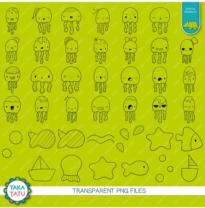 May include: A set of 30 black and white line art illustrations of jellyfish, fish, boats, stars, and waves. The illustrations are on a green background. The text "TAKA TATU" and "TRANSPARENT PNG FILES" is at the bottom of the image.
