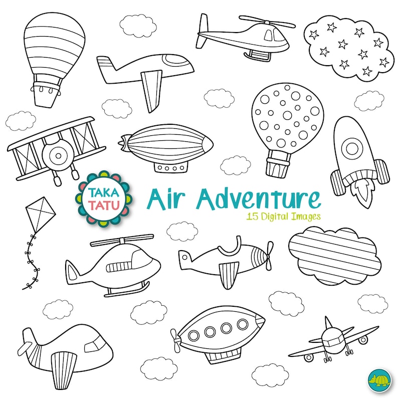 Op de afbeelding: Een set van 15 zwart-wit illustraties van verschillende luchtvaartuigen, waaronder vliegtuigen, helikopters, luchtballonnen, luchtschepen en een raket. De illustraties zijn in cartoon-stijl en perfect voor kleurplaten, knutselen of scrapbooking.