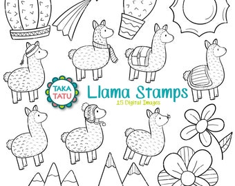 Llama Stamps - Llama Clipart / Llama Digital Stamp / Llama Doodles / Hand Drawn / Cactus Clipart / Mountains Clipart / Cute Llama / Flower