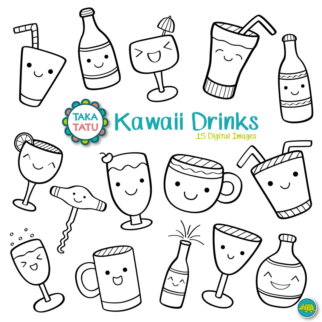 Kawaii Drinks Digital Stamp Pack - Black and White Clipart / Kawaii ...