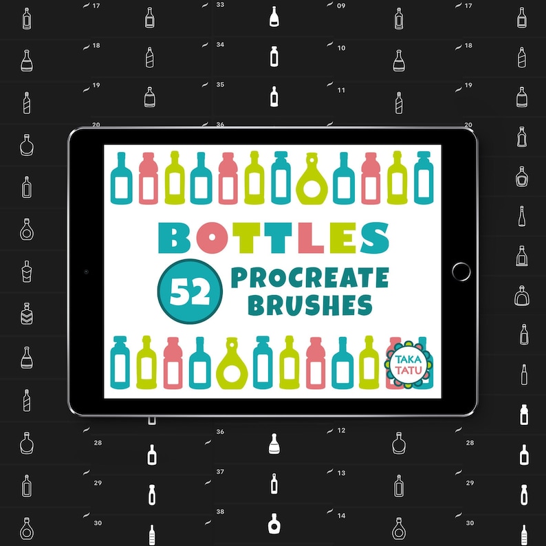 May include: A digital tablet screen displaying a set of 52 Procreate brushes for creating bottle illustrations. The brushes are arranged in rows and feature various bottle shapes and colors. The text "BOTTLES" and "52 PROCREATE BRUSHES" is displayed on the screen. The screen is surrounded by a black frame.