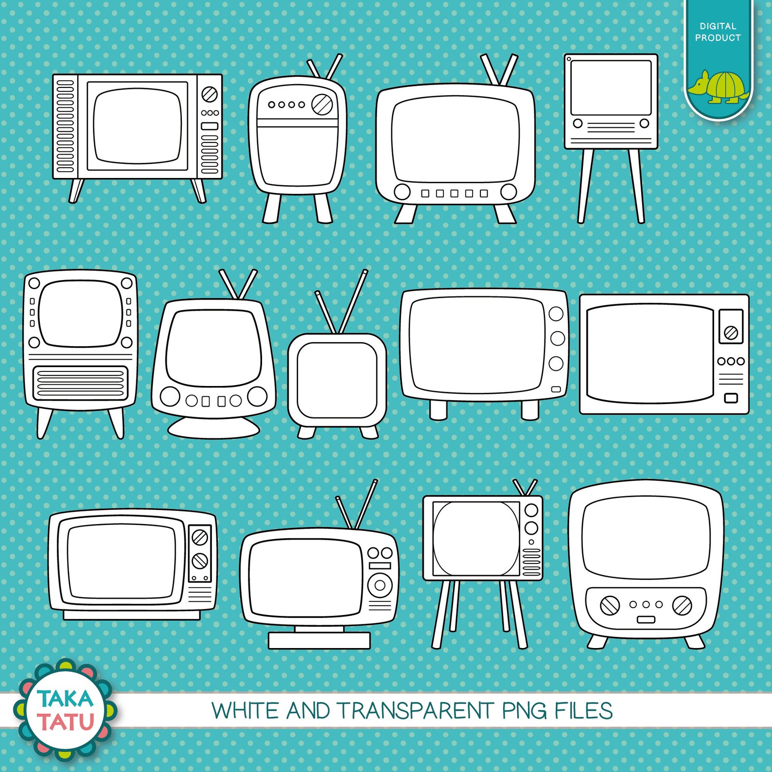 Vintage TV Digital Stamp Pack Black and White Clipart / | Etsy