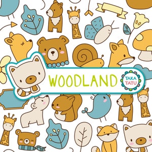 Woodland Hand Drawn Clipart Set - Images numériques d'animaux de la forêt mignons / Kawaii Animal Art pour Woodland Party / Dessins d'ours / Clipart de renard