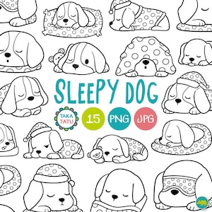 Timbro digitale Sleepy Dog Cute Black and White Line Art - Clipart di cani disegnati a mano in pigiama