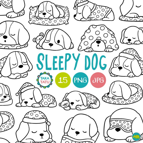 Sleepy Dog Cute Black and White Line Art Digital Stamp - Hand Drawn Dogs in Pajamas Clipart