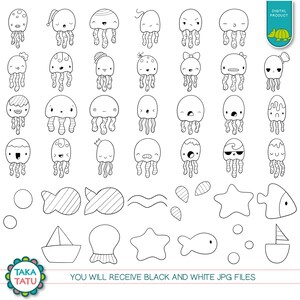 May include: A set of 36 black and white digital illustrations of jellyfish with various expressions and a few additional sea-themed elements like fish, stars, and a boat.  You will receive black and white JPG files.