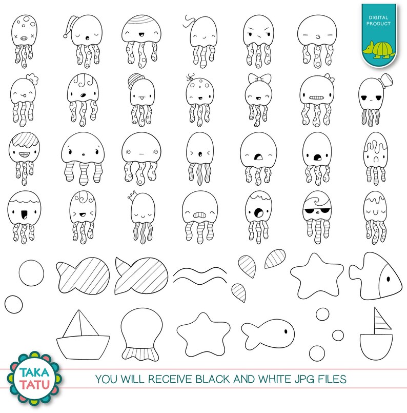 May include: A set of 36 black and white digital illustrations of jellyfish with various expressions and a few additional sea-themed elements like fish, stars, and a boat.  You will receive black and white JPG files.