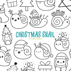 15 Weihnachten Schnecke Doodles Clipart - Schwarz und Weiß Line Art Weihnachten Digitale Briefmarken