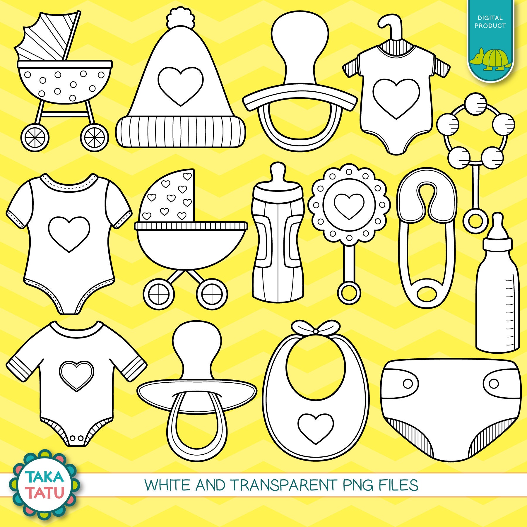 Baby Shower Digital Stamp Pack Black and White Clipart / | Etsy
