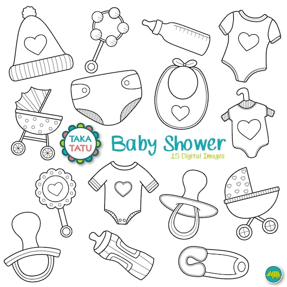 Baby Shower Digital Stamp Pack Black and White Clipart / | Etsy