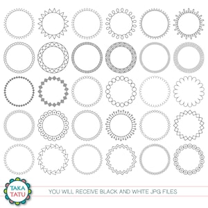 May include: A set of 24 black and white circle frames with different decorative borders. The frames are perfect for adding a touch of style to your projects.