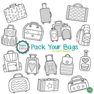 Paquete de sellos digitales de maletas - Clip Art de vacaciones / Clip Art de viaje / Clip Art de equipaje / Clipart de mochila / Sello de maleta - Descarga instantánea
