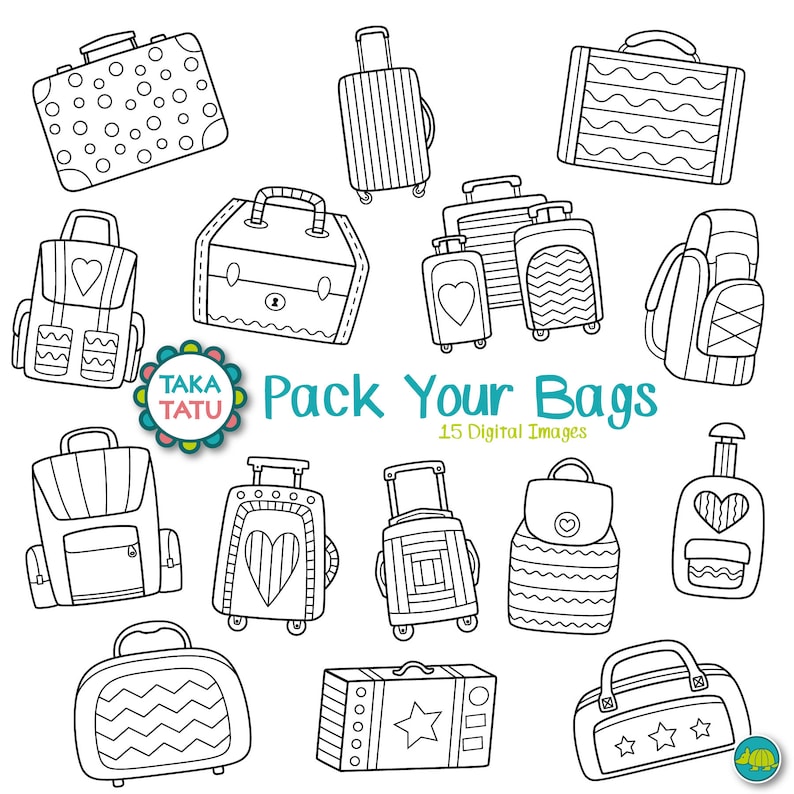 May include: A set of 15 black and white line drawings of different types of bags, including suitcases, backpacks, and duffel bags. The text "Pack Your Bags" and "15 Digital Images" is included in the image.