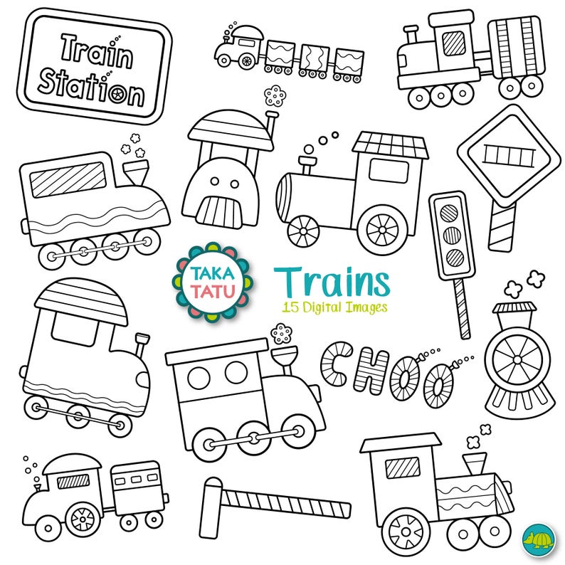 Trains Digital Stamp - Trains Clip Art / Train Clipart / Train Printable / Train Line Art / Black and White Clipart / Transportation / Kids image 1