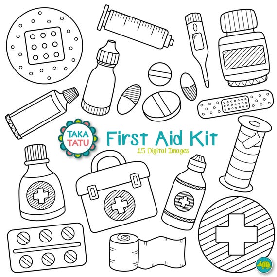 First Aid Kit Digital Stamp First Aid Clipart / Medical Kit Clipart / Emergency  Kit / Medicine / Pills / Band Aid / Thermometer Clipart 