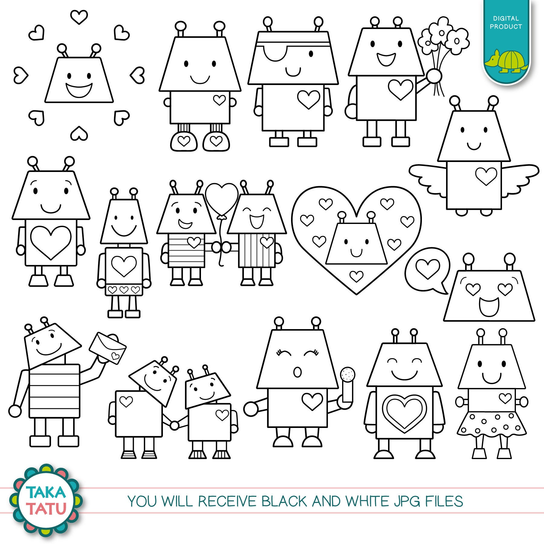 Robot Love Digital Stamp Pack - Black and White Clipart / Valentines ...