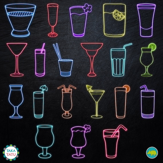 Neon Drinks Clipart Neon Cocktail Clipart Digital Neon Etsy