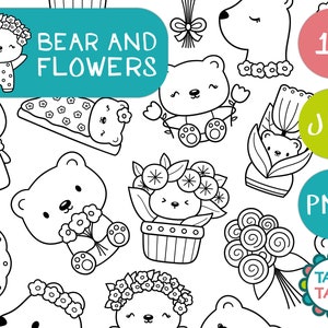 OSO Y FLORES Linda mano dibujada en blanco y negro línea arte sello digital / imágenes prediseñadas de animales lindos / imágenes prediseñadas divertidas para niños y páginas para colorear