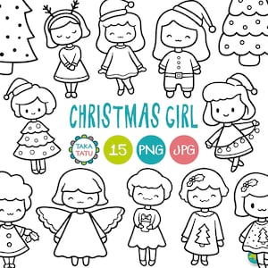 Christmas Girls Cute Hand Drawn Clipart - Black and White Kawaii Line Art Digital Stamp - Instant Download